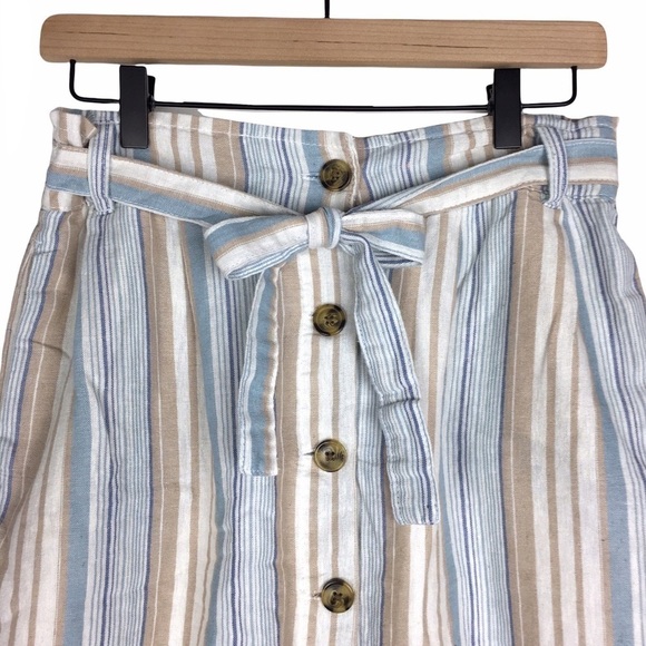 DASH Linen Blend Skirt Stripe Print Button Tie Waist Minimalist Modest Small - Picture 2 of 8